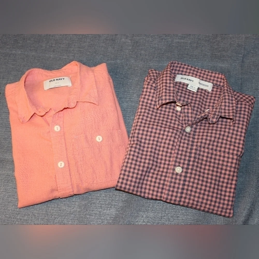 OLD Navy Button Down Boys Plaid and Solid Pink Color Shirts